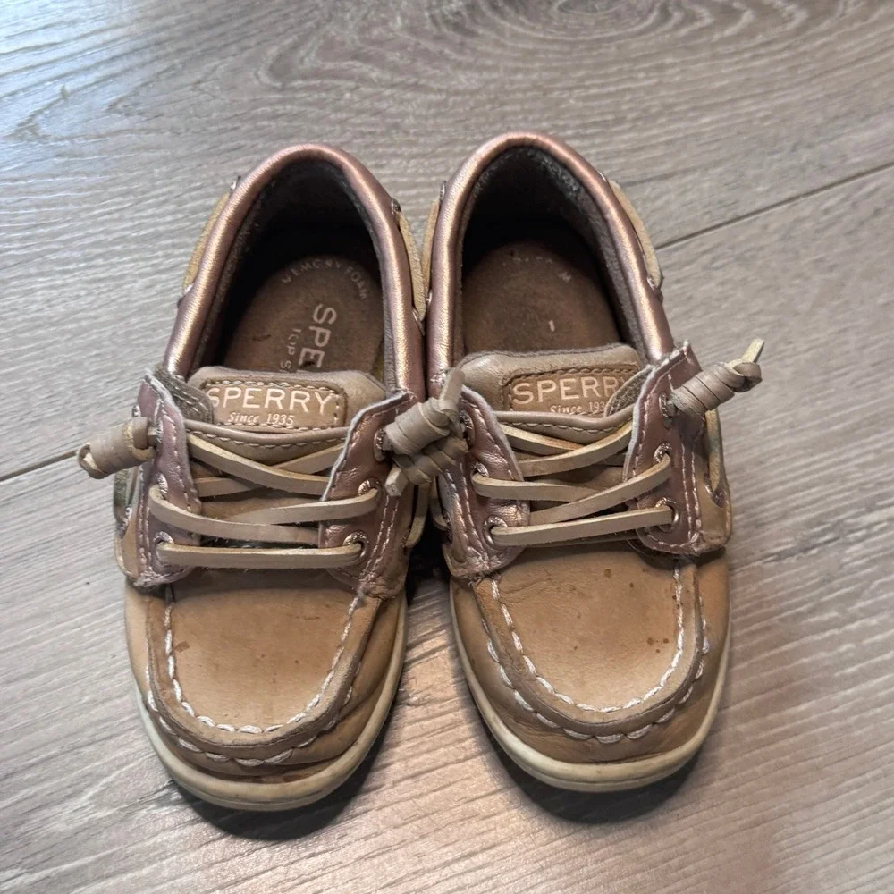 Sperry Songfish Jr Girls Metallic Tan Leather Boat Shoes Toddler Size 7
